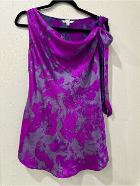 CAbi Women Purple Gray Abstract Silk Chiffon Cowl Neck Tie Blouse Size L